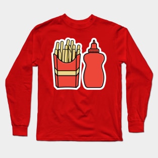 French Fries in Fries Box with Tomato Sauce Bottle vector illustration. Fast Food icon concept. Children potato food vector design. Long Sleeve T-Shirt